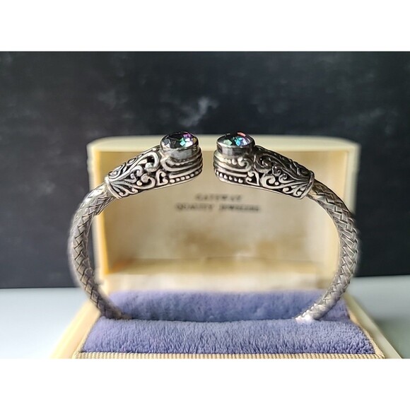 Sterling Silver 925 Mystic Topaz Hinged Bangle Bracelet Scroll Design Vintage - Picture 3 of 10